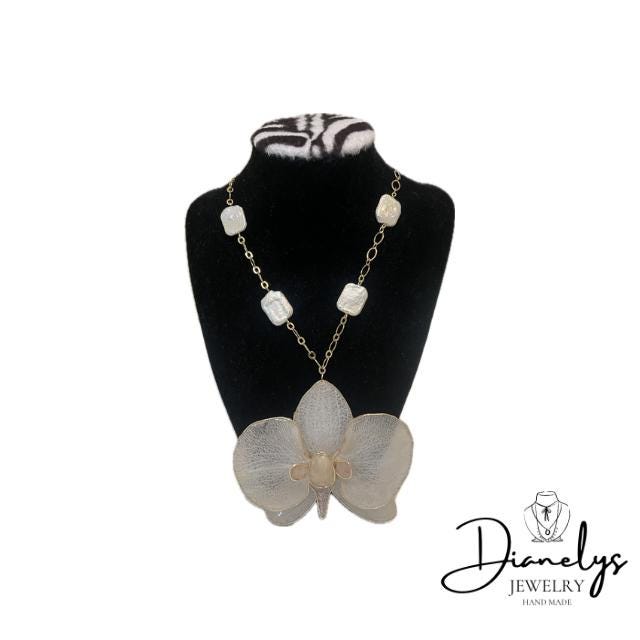Real Orchid Necklace with Cultured Pearls  Natural Flower Jewelry Handmade Botanical Pendant