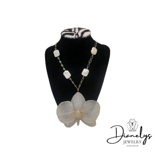 Real Orchid Necklace with Cultured Pearls  Natural Flower Jewelry Handmade Botanical Pendant