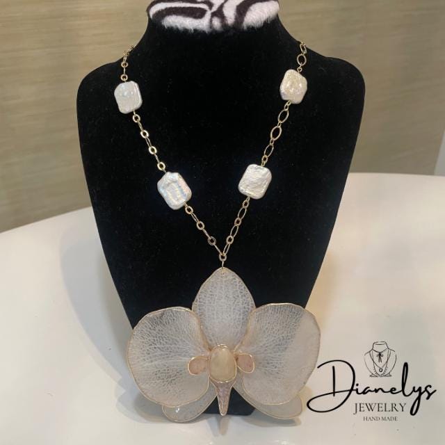 Real Orchid Necklace with Cultured Pearls  Natural Flower Jewelry Handmade Botanical Pendant