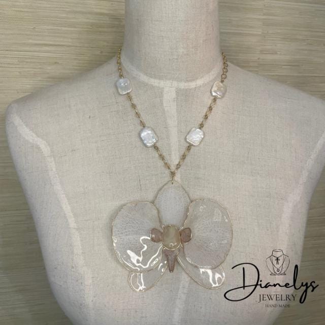 Real Orchid Necklace with Cultured Pearls  Natural Flower Jewelry Handmade Botanical Pendant