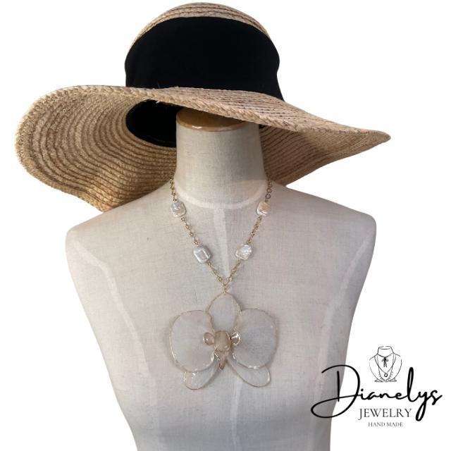 Real Orchid Necklace with Cultured Pearls  Natural Flower Jewelry Handmade Botanical Pendant
