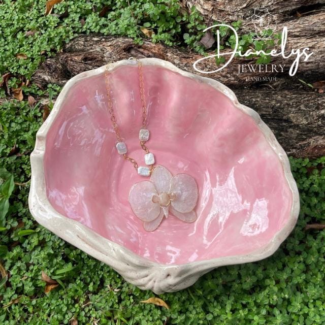 Real Orchid Necklace with Cultured Pearls  Natural Flower Jewelry Handmade Botanical Pendant