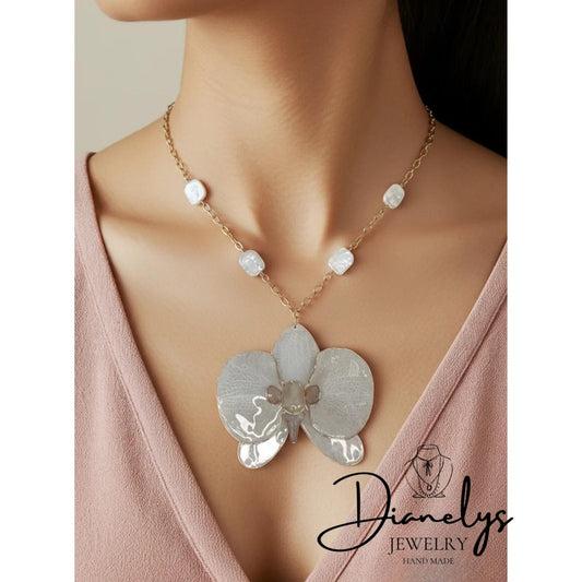 Real Orchid Necklace with Cultured Pearls  Natural Flower Jewelry Handmade Botanical Pendant