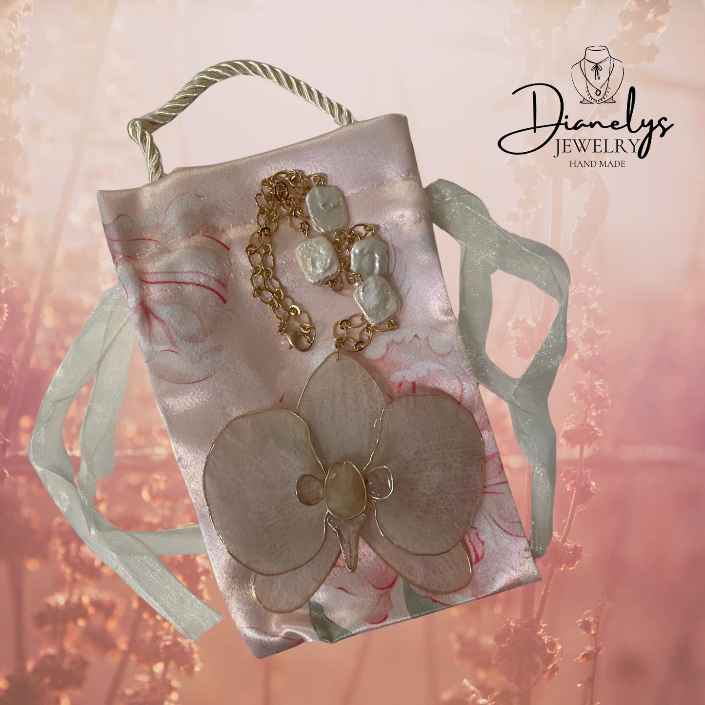 Real Orchid Necklace with Cultured Pearls  Natural Flower Jewelry Handmade Botanical Pendant