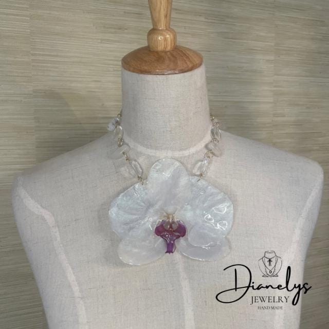 Real Orchid Resin Handmade Necklace Large Offwhite and Purple Flower Botanical Pendant