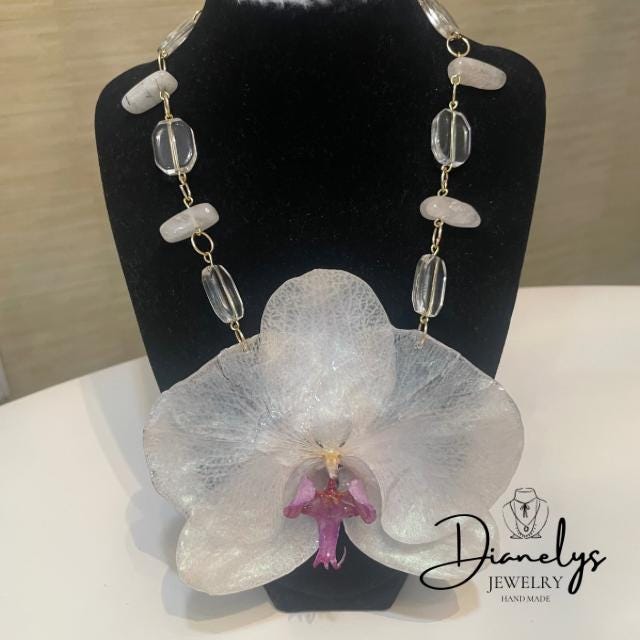 Real Orchid Resin Handmade Necklace Large Offwhite and Purple Flower Botanical Pendant
