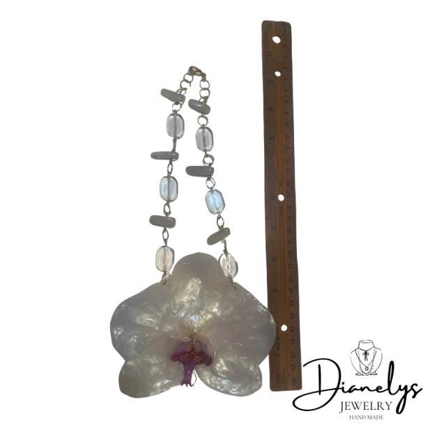Real Orchid Resin Handmade Necklace Large Offwhite and Purple Flower Botanical Pendant