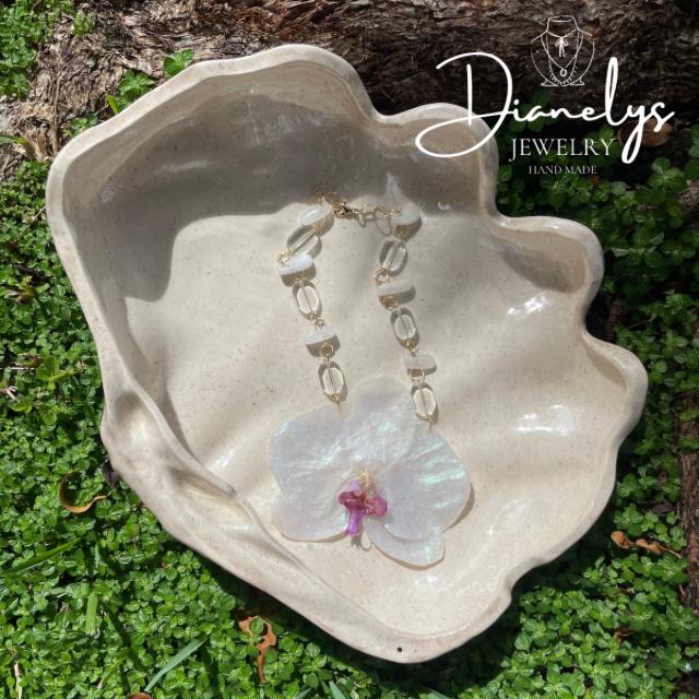 Real Orchid Resin Handmade Necklace Large Offwhite and Purple Flower Botanical Pendant
