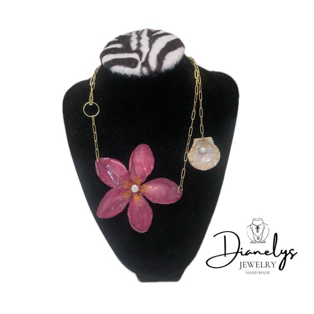 Real Plumeria Flower & Pearl Shell Necklace Multi-Directional Handmade