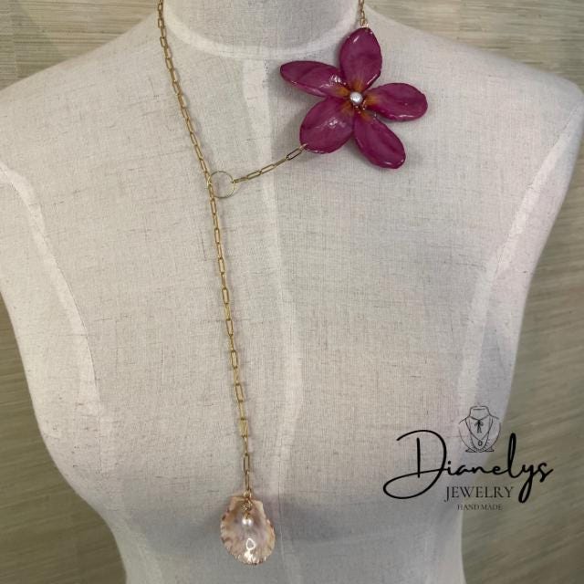Real Plumeria Flower & Pearl Shell Necklace Multi-Directional Handmade