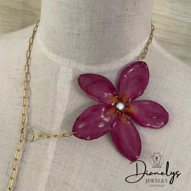 Real Plumeria Flower & Pearl Shell Necklace Multi-Directional Handmade
