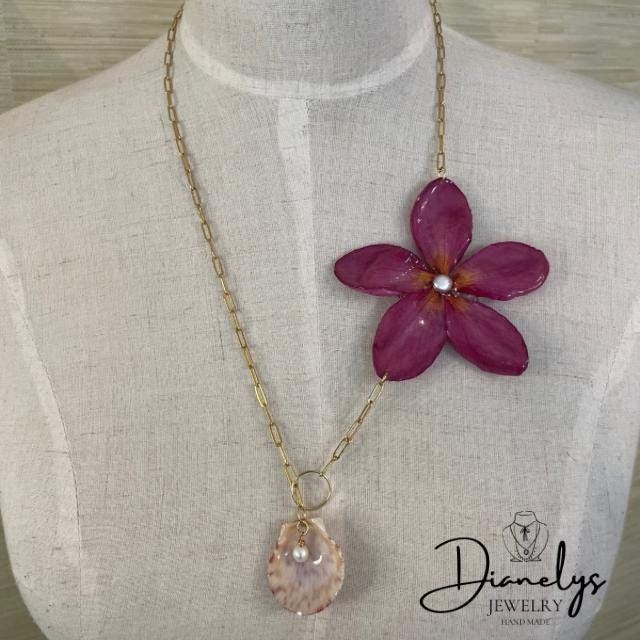 Real Plumeria Flower & Pearl Shell Necklace Multi-Directional Handmade