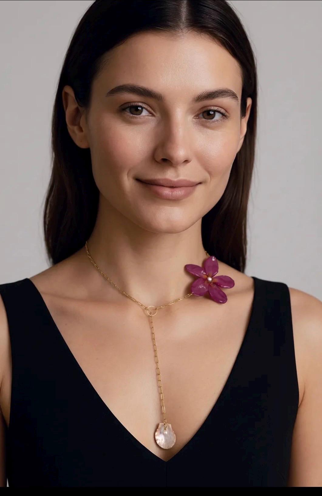 Real Plumeria Flower & Pearl Shell Necklace Multi-Directional Handmade