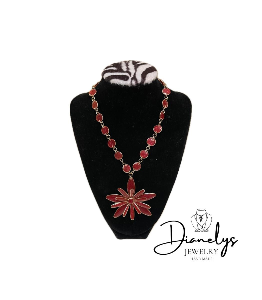 Red Flower Necklace Handcrafted Statement Jewelry Real Flower Bloom Only 1
