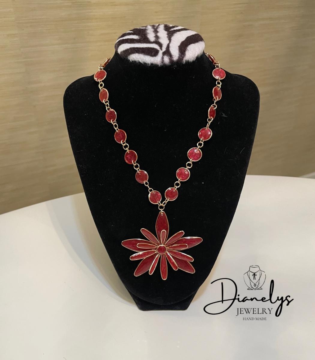 Red Flower Necklace Handcrafted Statement Jewelry Real Flower Bloom Only 1