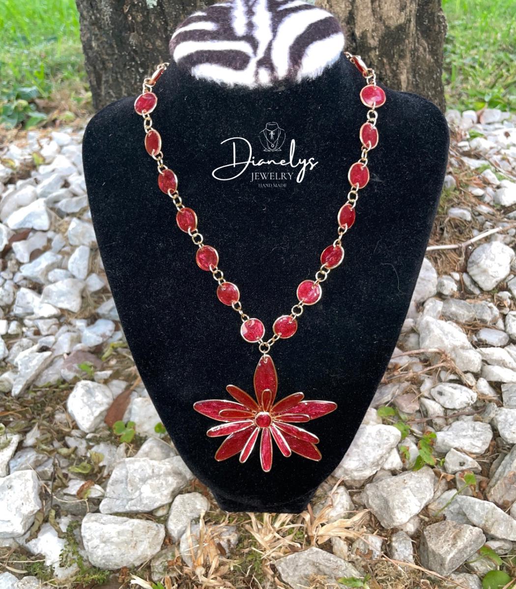 Red Flower Necklace Handcrafted Statement Jewelry Real Flower Bloom Only 1