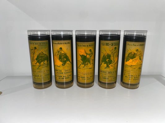 Vintage Spanish bull fighting glasses set of five collectable Tumblers, Plaza de Toros