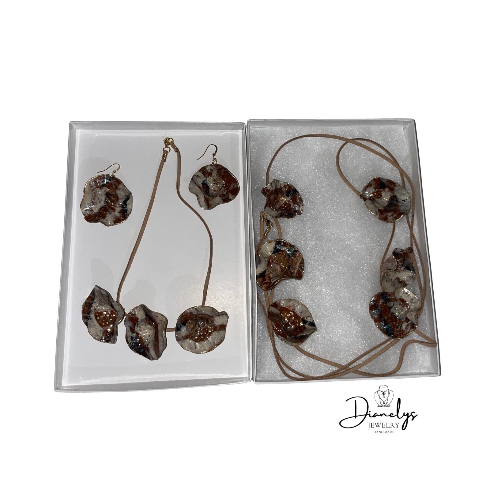 Handmade Statement Jewelry Set, Resin Accent Made Long and Shorter Necklace with Earrings. Earth Tones Organic Design, Boho Chic