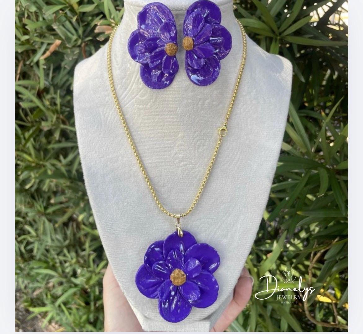 Purple Flower Jewelry Set Statement Necklace & Matching Earrings Handmade Floral Resin Jewelry, Gold Tone Chain