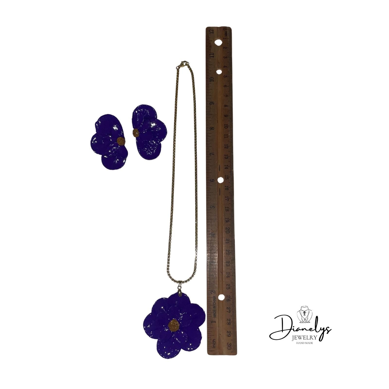 Purple Flower Jewelry Set Statement Necklace & Matching Earrings Handmade Floral Resin Jewelry, Gold Tone Chain