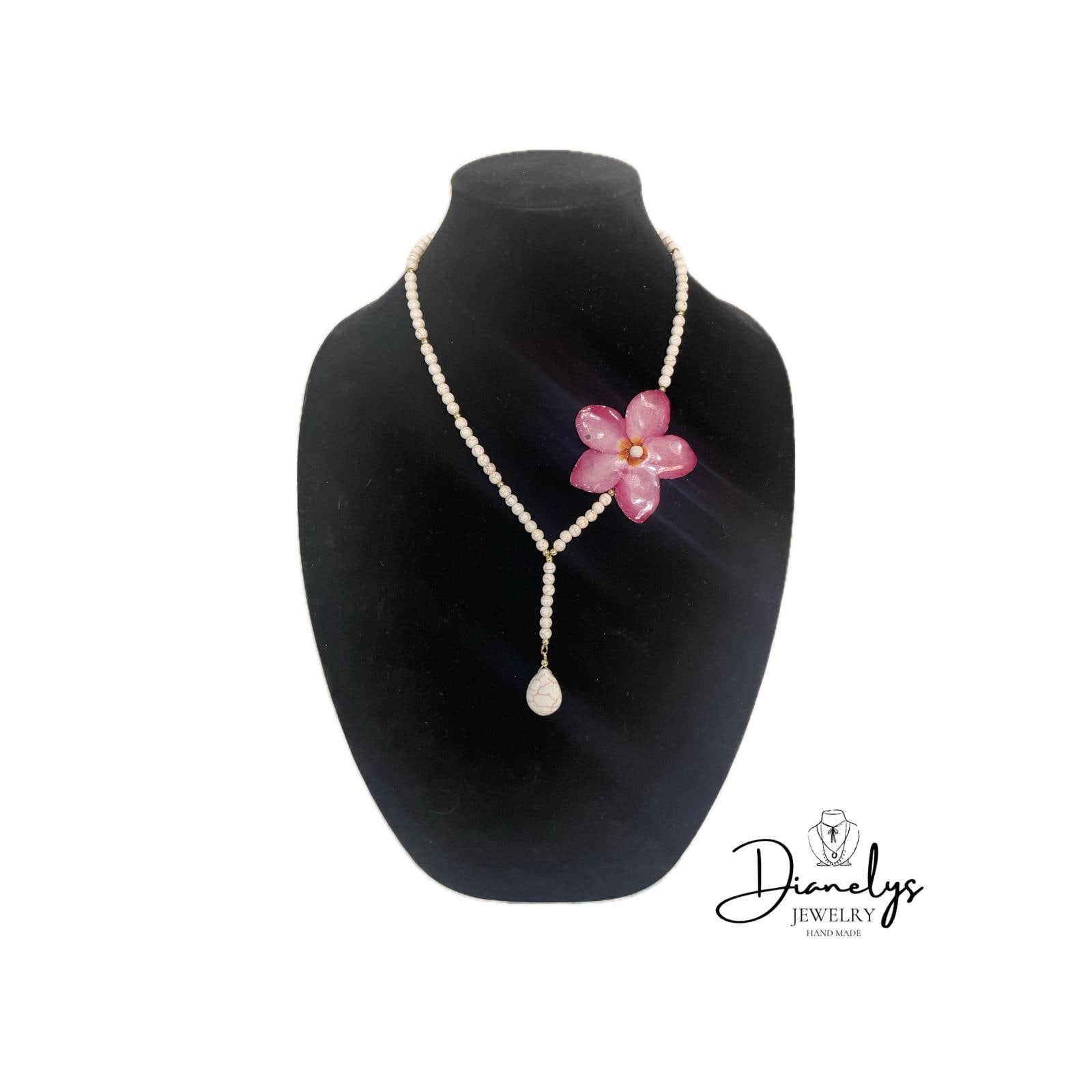 Pink Real Pumeria Flower Y Necklace with Pearl Beads, Handmade Floral Statement Necklace, Elegant Bridal or Summer Jewelry, One of a Kind
