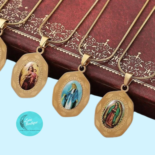 Virgin Mary Necklace, Gold Tone Religious Pendant, Catholic Medallion Necklace, Madonna Charm, Dainty Faith Jewelry Gift, 3 Marys to Choose