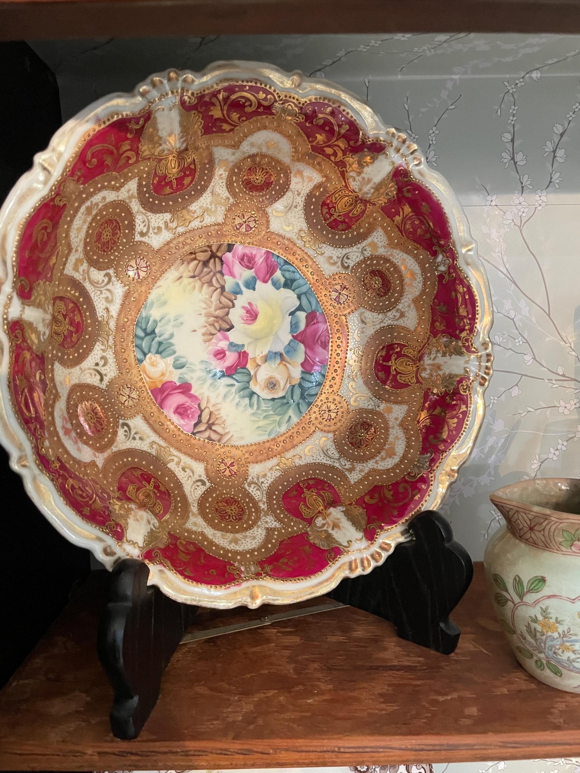 Vintage Hand-Painted Floral Porcelain Plate Gold Gilt Rim Decorative Dish Elegant Antique Style Display Plate