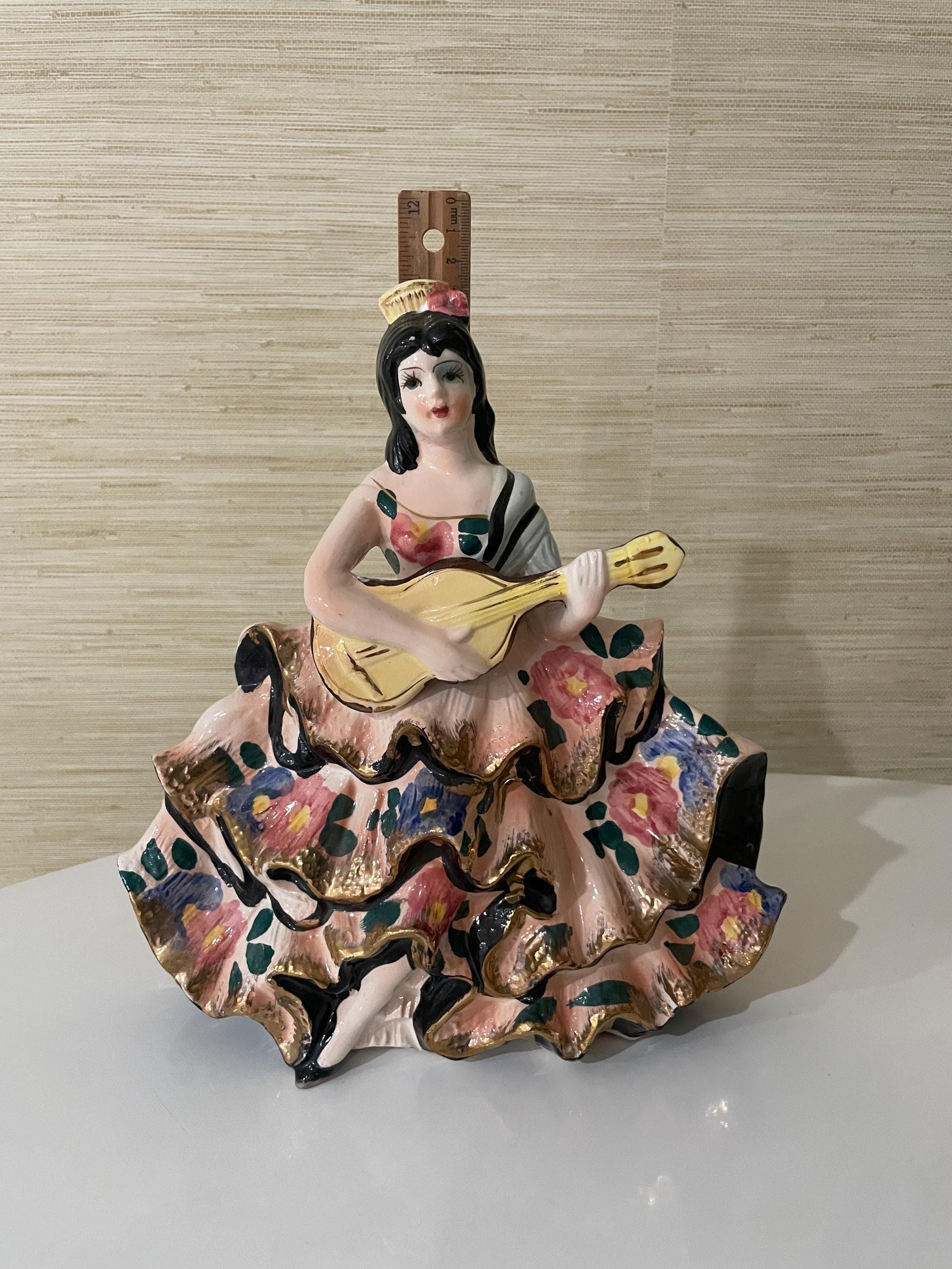Vintage Hand-Painted Ceramic Spanish Flamenco Dancer Figurine with Guitar Colorful Floral Dress Boho, Retro Decor