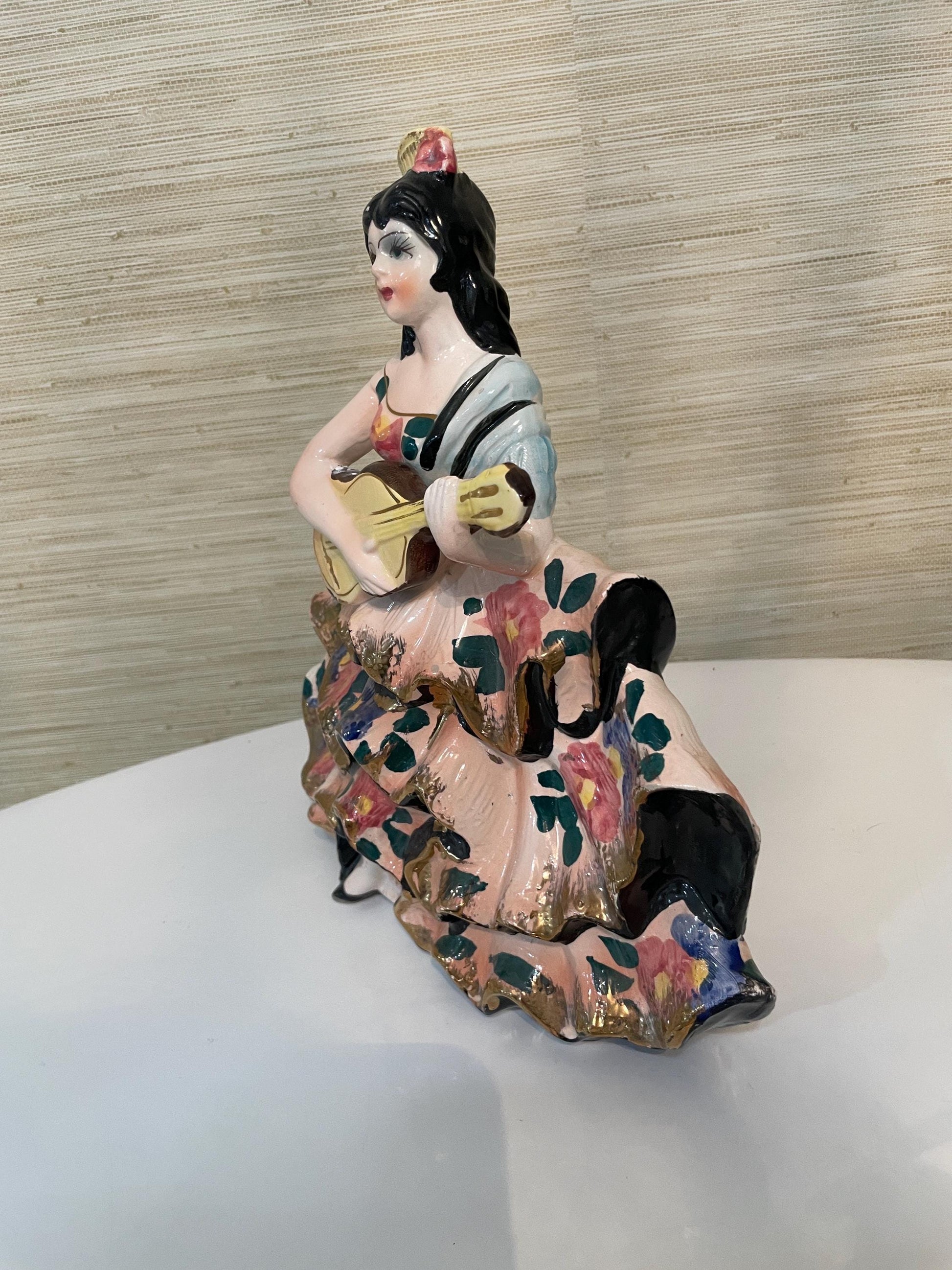 Vintage Hand-Painted Ceramic Spanish Flamenco Dancer Figurine with Guitar Colorful Floral Dress Boho, Retro Decor