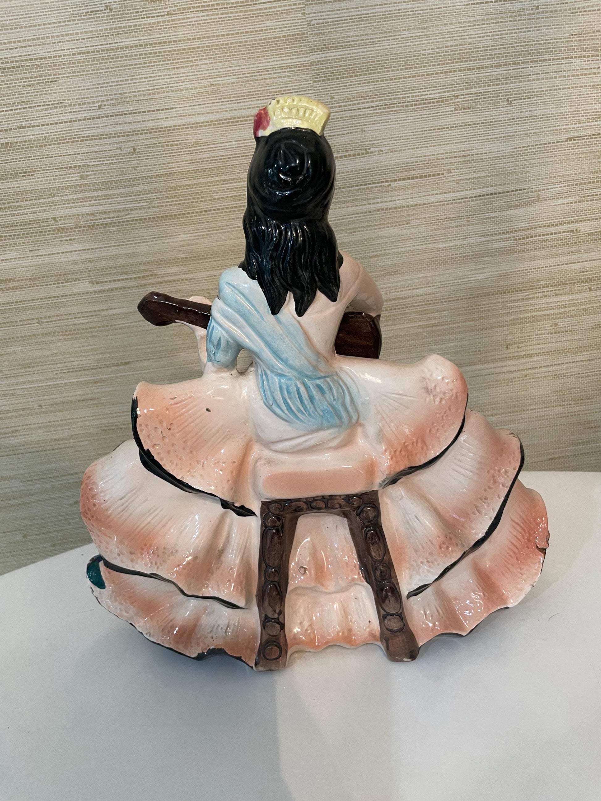 Vintage Hand-Painted Ceramic Spanish Flamenco Dancer Figurine with Guitar Colorful Floral Dress Boho, Retro Decor