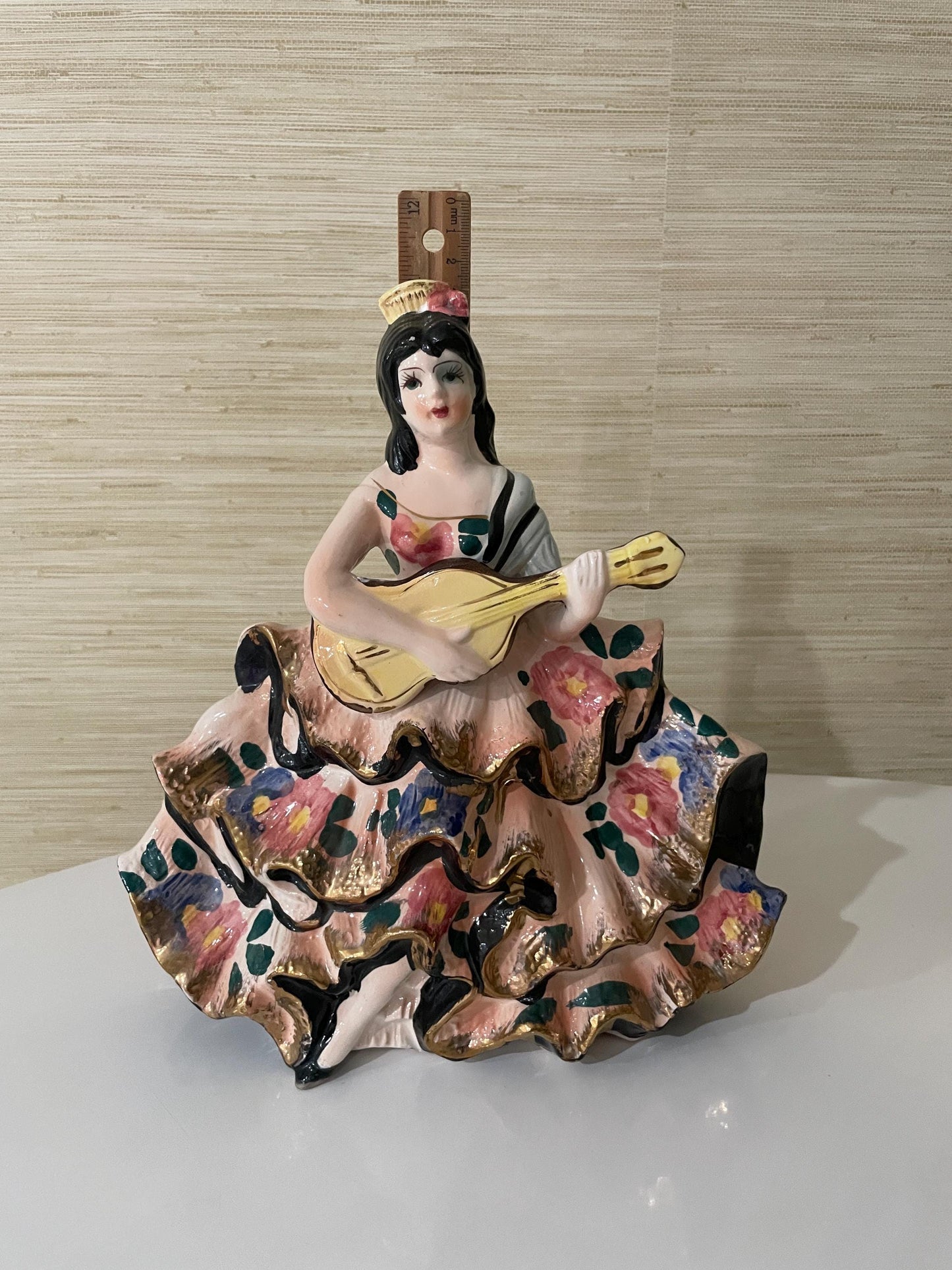 Vintage Hand-Painted Ceramic Spanish Flamenco Dancer Figurine with Guitar Colorful Floral Dress Boho, Retro Decor