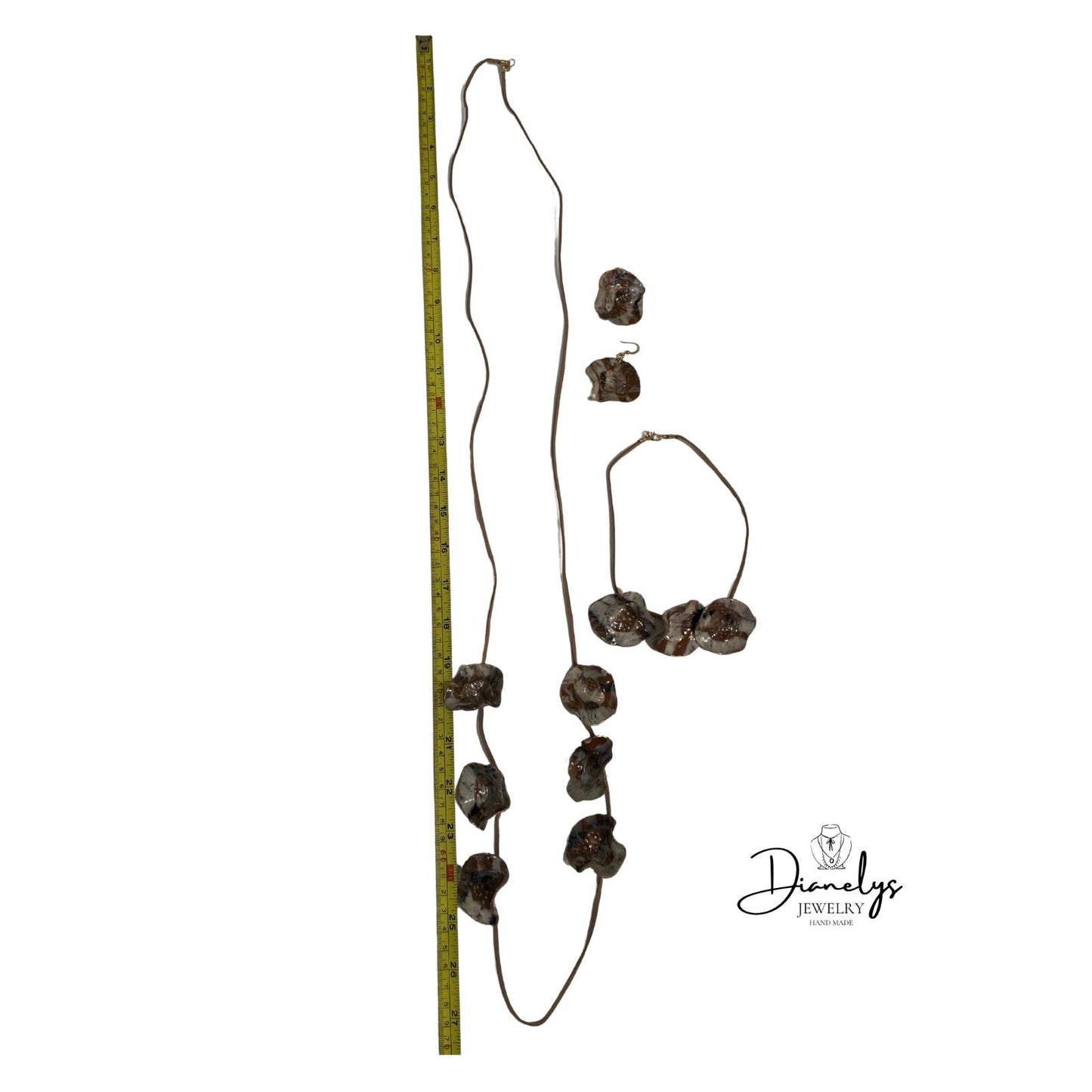 Handmade Statement Jewelry Set, Resin Accent Made Long and Shorter Necklace with Earrings. Earth Tones Organic Design, Boho Chic
