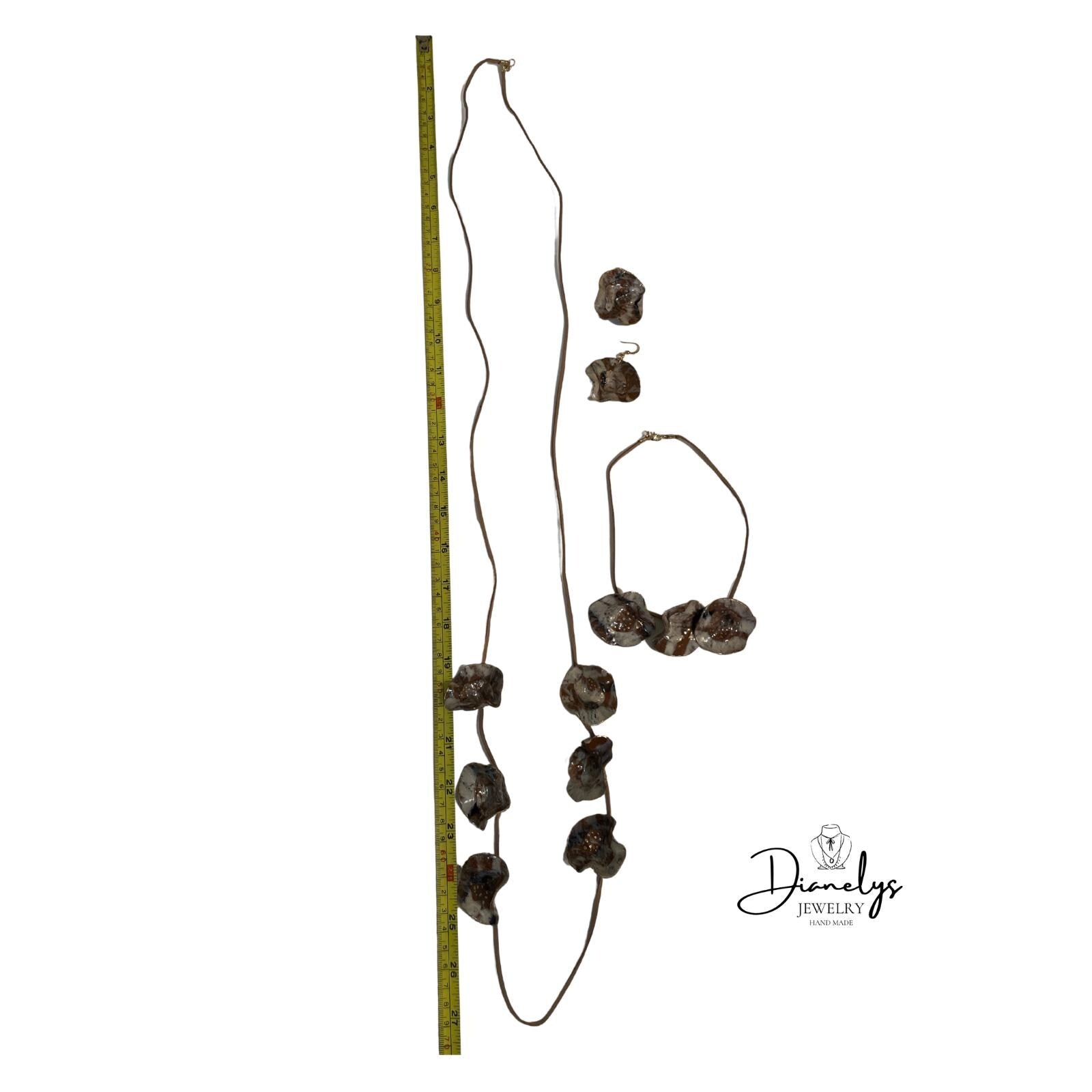 Handmade Statement Jewelry Set, Resin Accent Made Long and Shorter Necklace with Earrings. Earth Tones Organic Design, Boho Chic