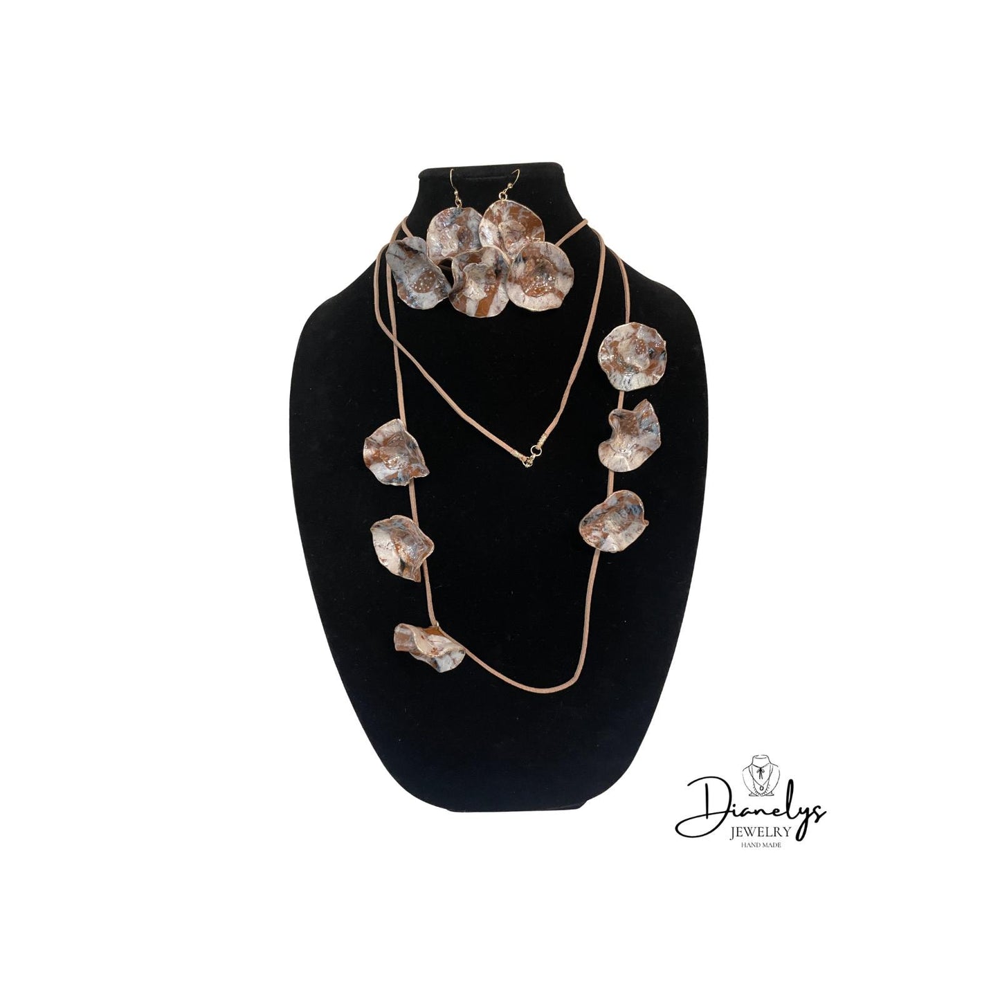 Handmade Statement Jewelry Set, Resin Accent Made Long and Shorter Necklace with Earrings. Earth Tones Organic Design, Boho Chic