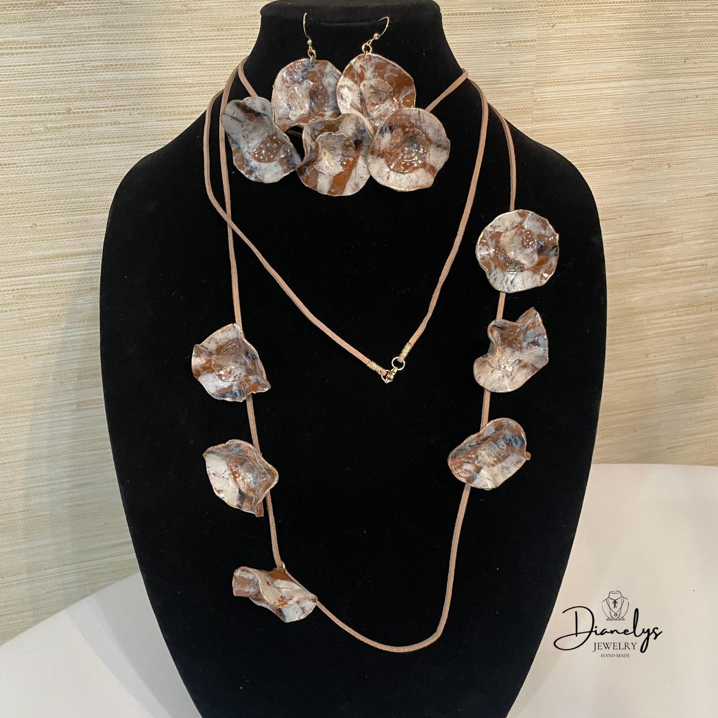 Handmade Statement Jewelry Set, Resin Accent Made Long and Shorter Necklace with Earrings. Earth Tones Organic Design, Boho Chic