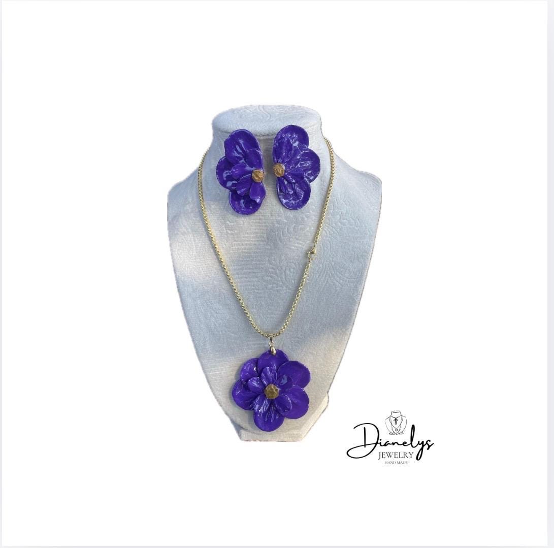 Purple Flower Jewelry Set Statement Necklace & Matching Earrings Handmade Floral Resin Jewelry, Gold Tone Chain