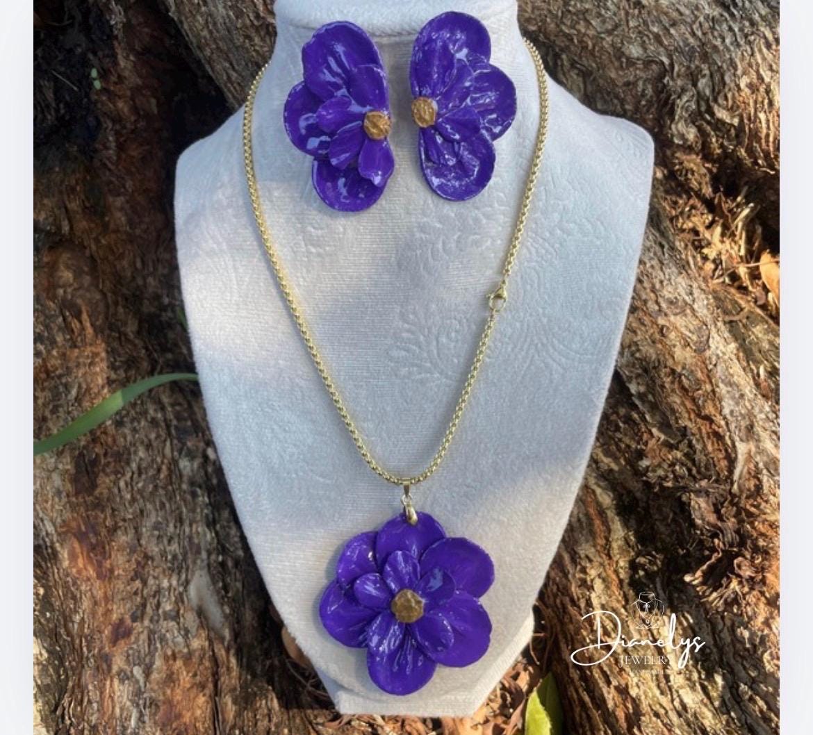 Purple Flower Jewelry Set Statement Necklace & Matching Earrings Handmade Floral Resin Jewelry, Gold Tone Chain