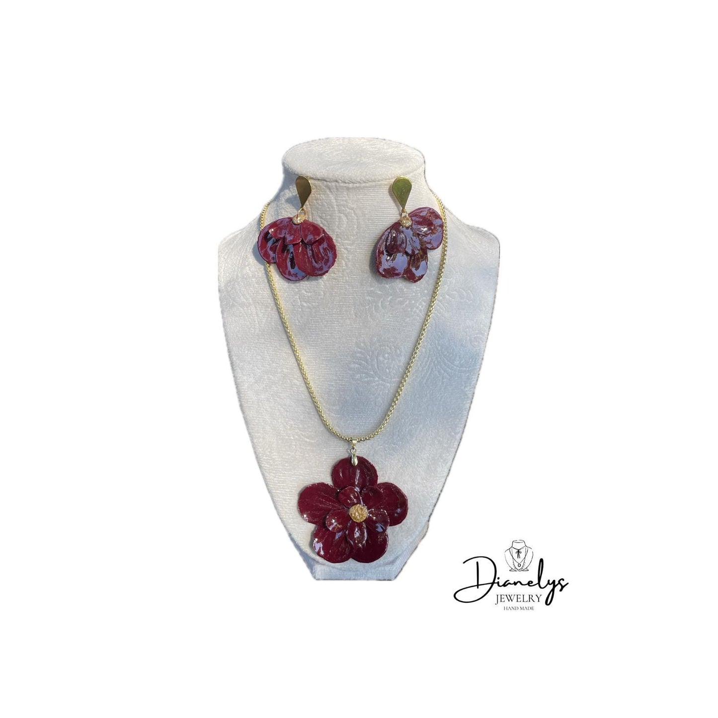 Handmade Red Flower Jewelry Set Statement Necklace & Earrings – Bold Floral Resin Jewelry Gold Chain Unique Gift for Her