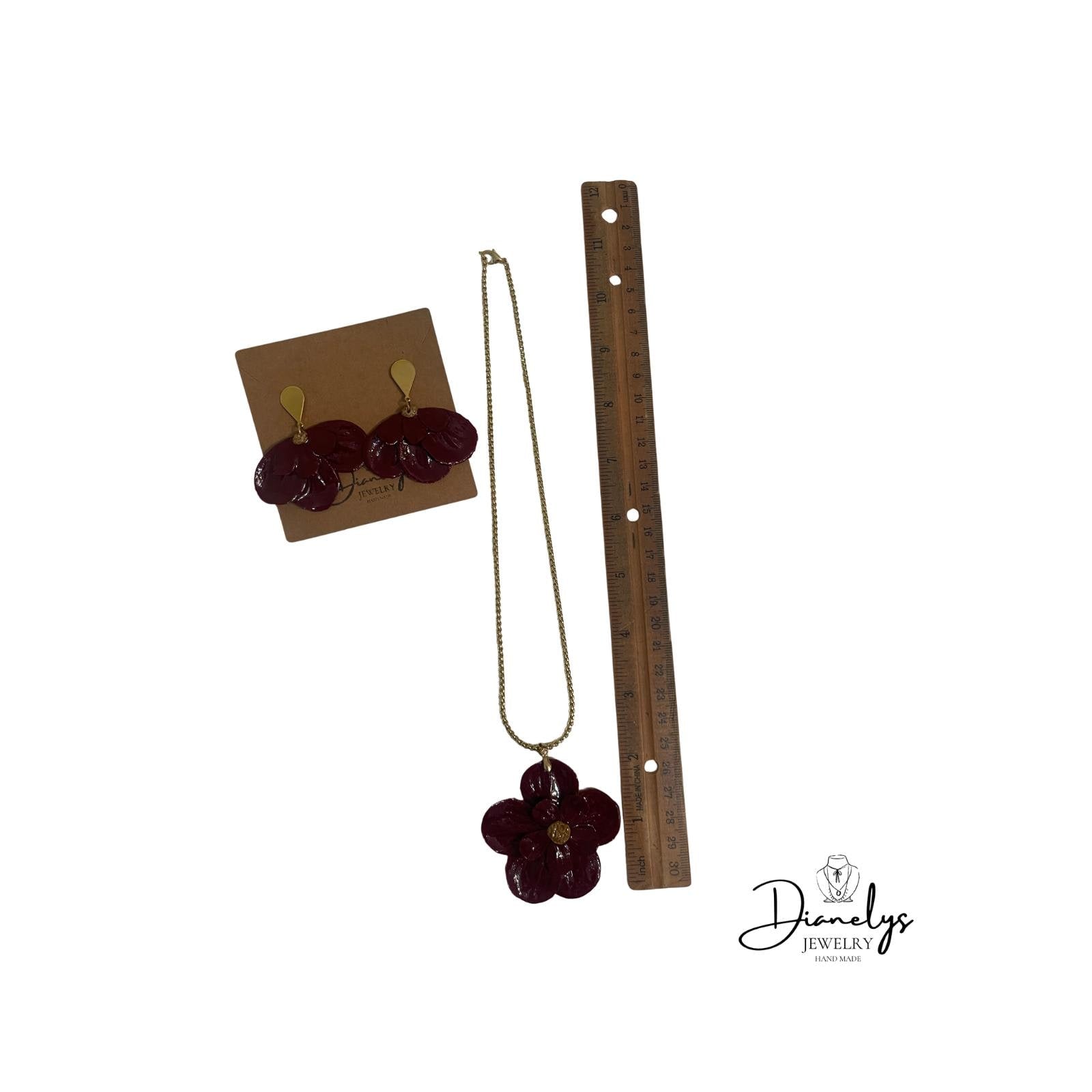 Handmade Red Flower Jewelry Set Statement Necklace & Earrings – Bold Floral Resin Jewelry Gold Chain Unique Gift for Her