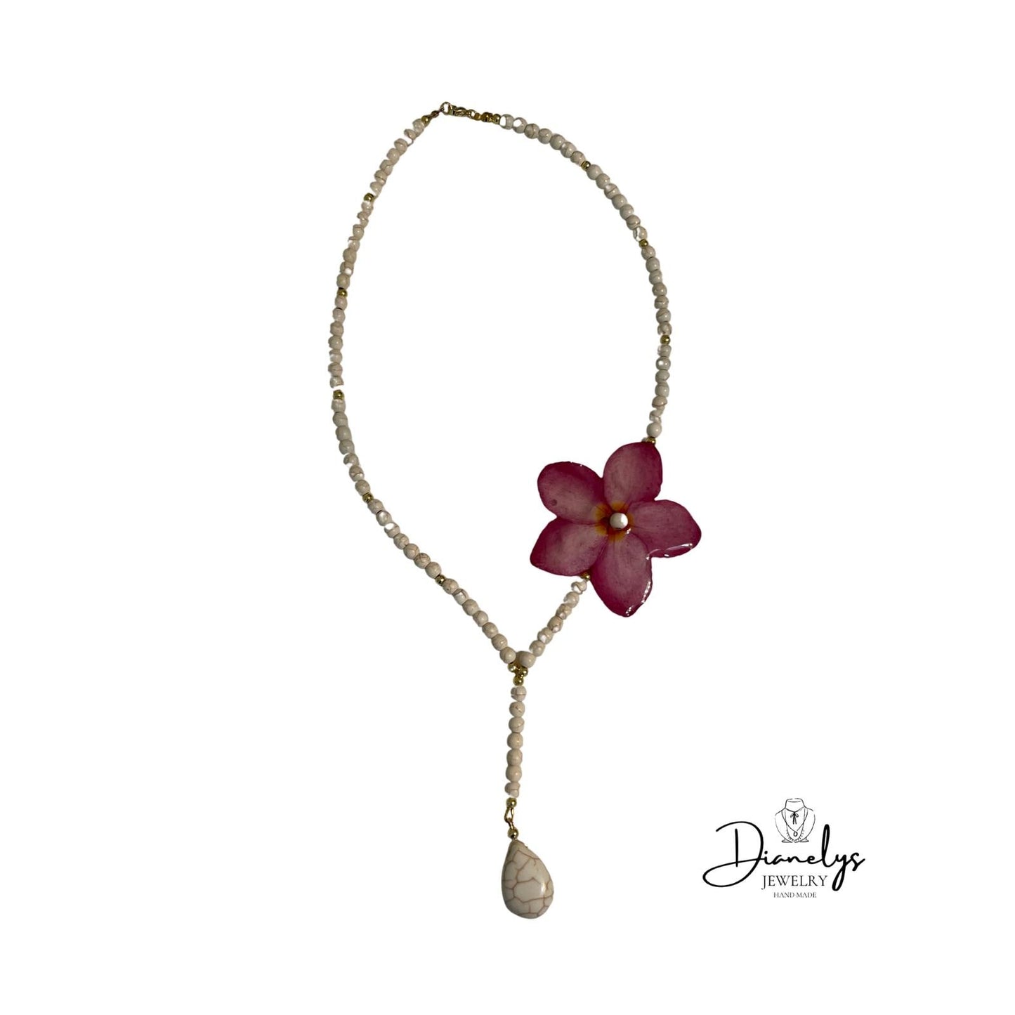 Pink Real Pumeria Flower Y Necklace with Pearl Beads, Handmade Floral Statement Necklace, Elegant Bridal or Summer Jewelry, One of a Kind