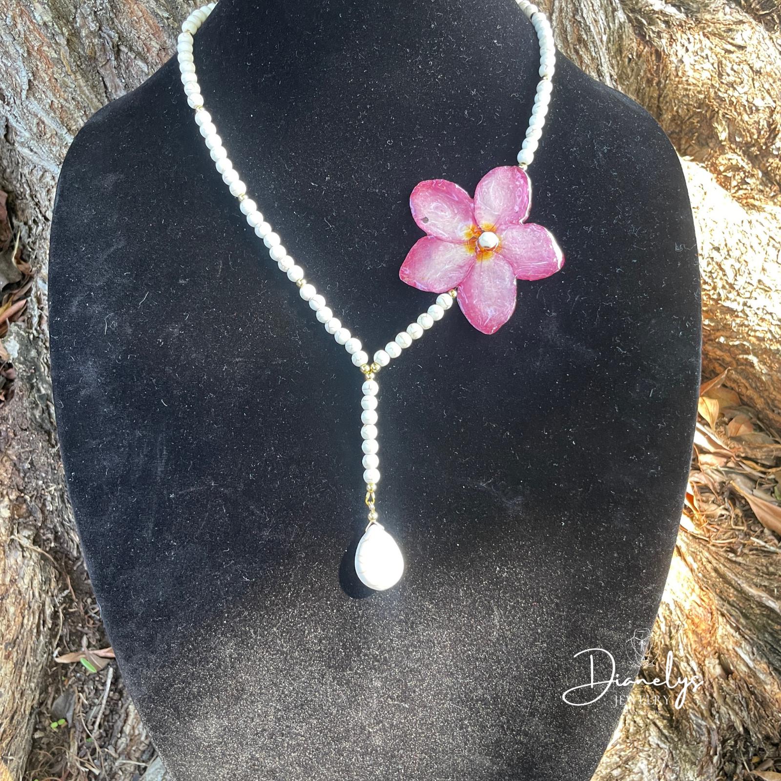 Pink Real Pumeria Flower Y Necklace with Pearl Beads, Handmade Floral Statement Necklace, Elegant Bridal or Summer Jewelry, One of a Kind