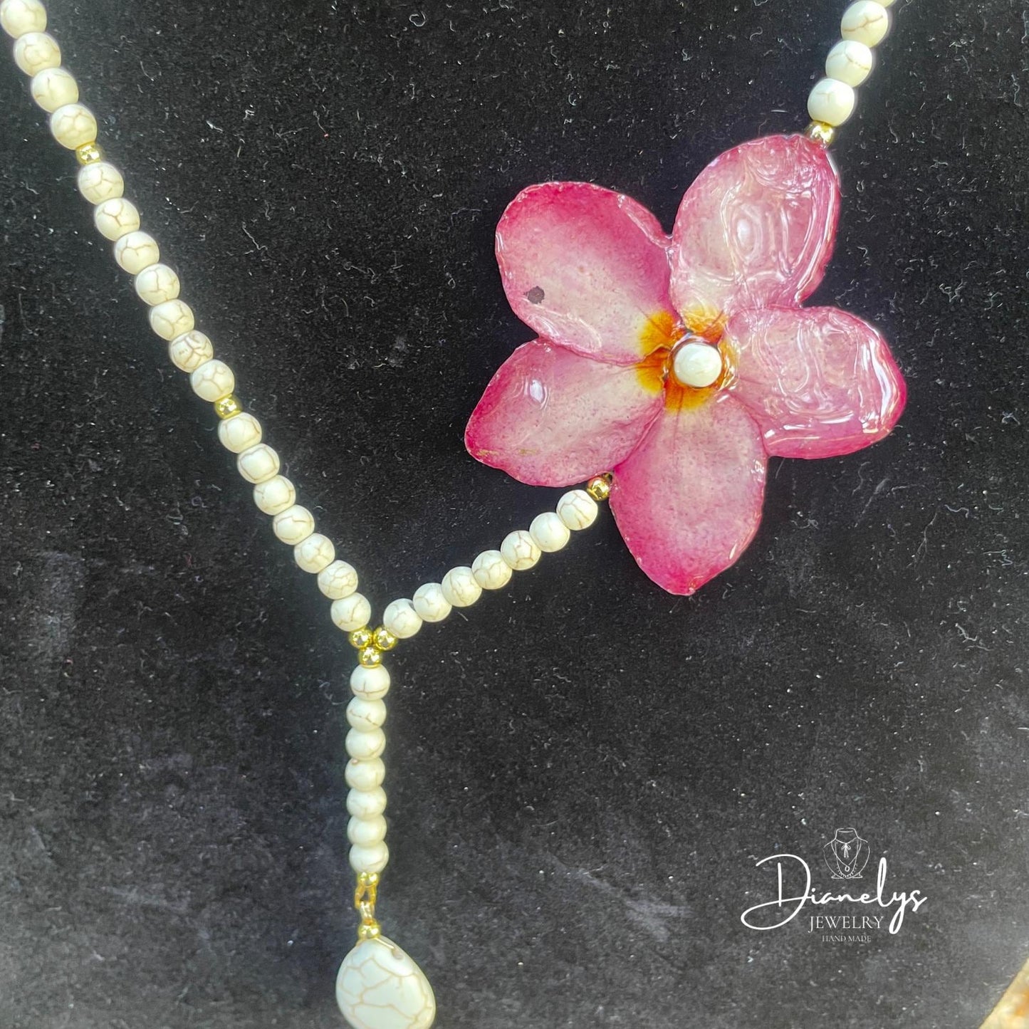 Pink Real Pumeria Flower Y Necklace with Pearl Beads, Handmade Floral Statement Necklace, Elegant Bridal or Summer Jewelry, One of a Kind