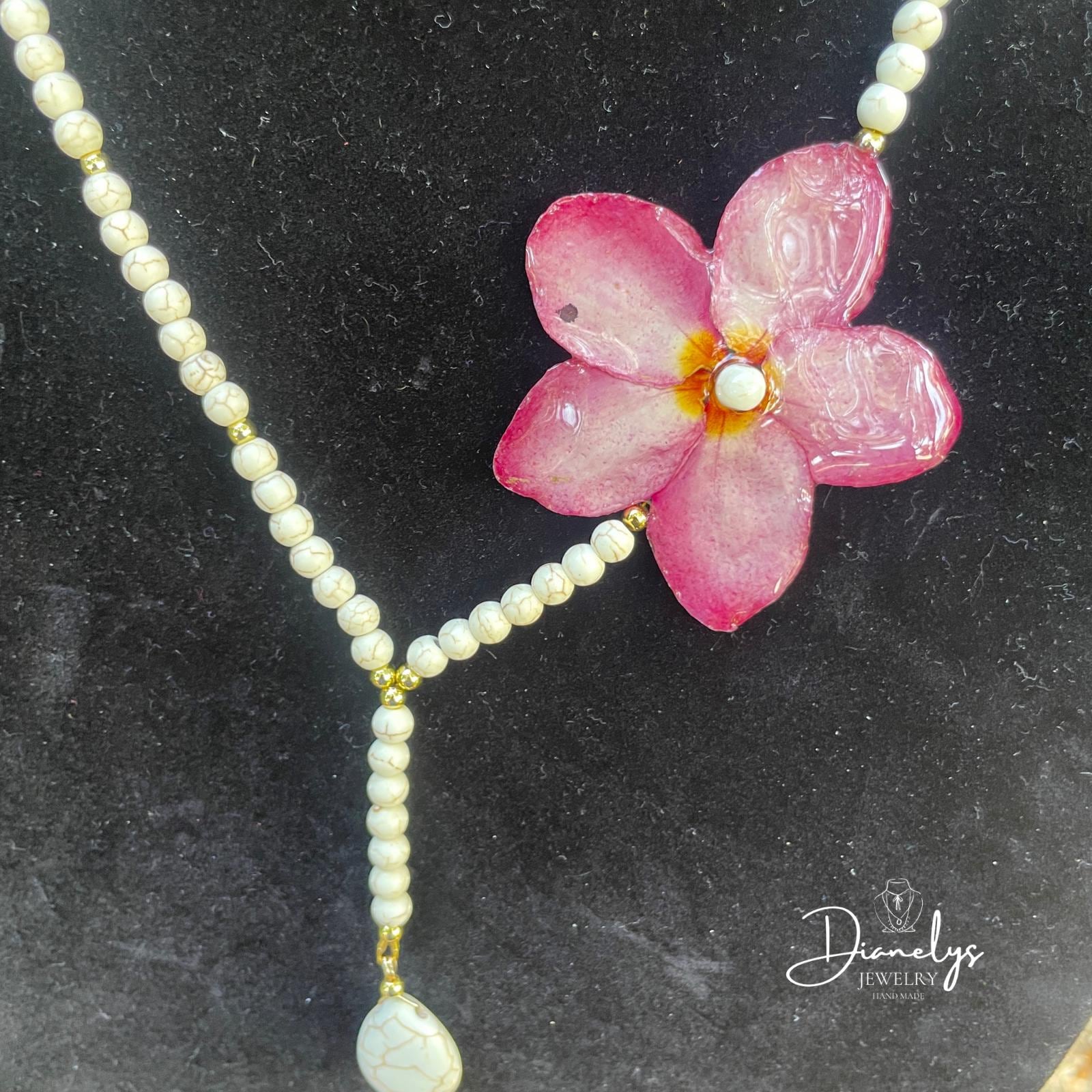 Pink Real Pumeria Flower Y Necklace with Pearl Beads, Handmade Floral Statement Necklace, Elegant Bridal or Summer Jewelry, One of a Kind