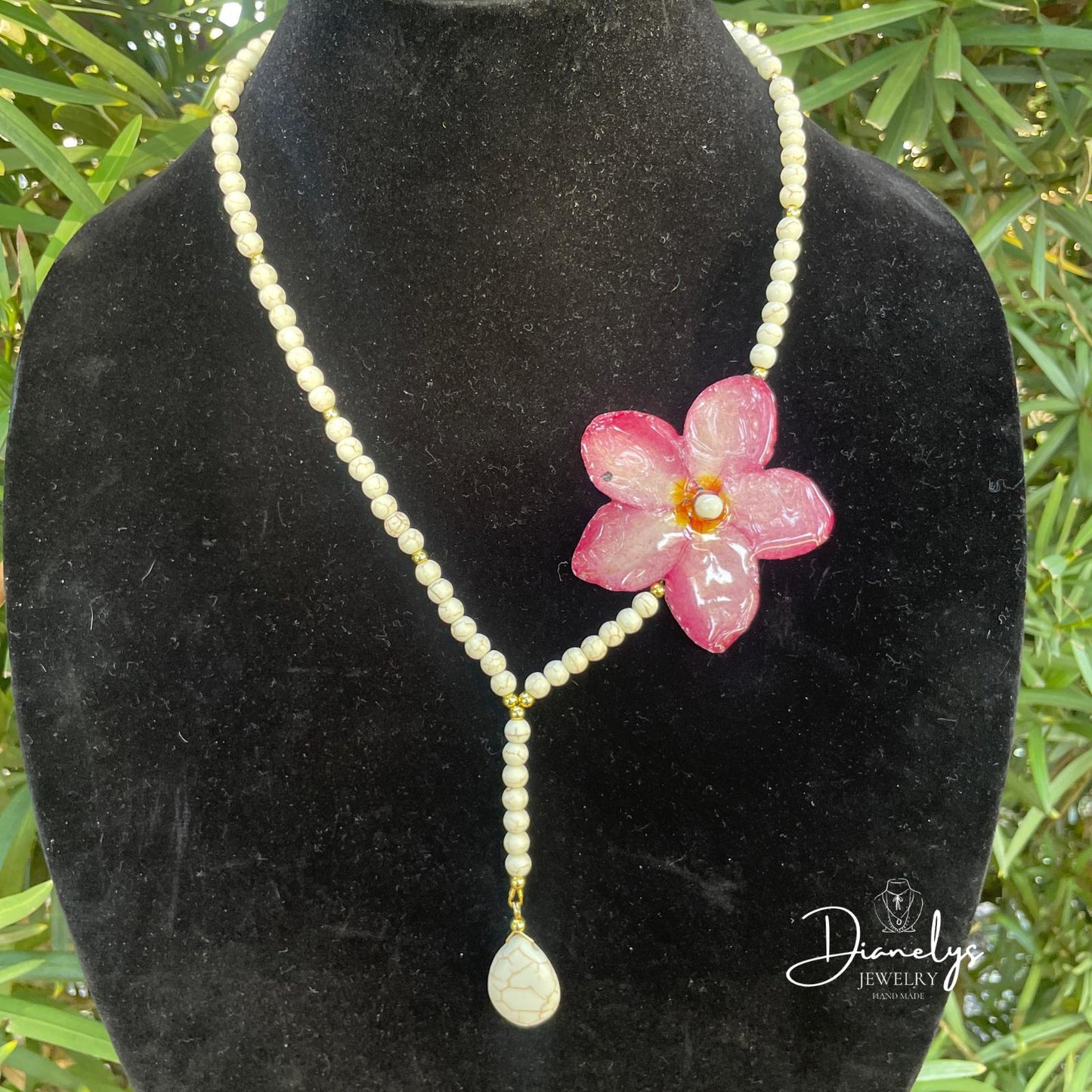 Pink Real Pumeria Flower Y Necklace with Pearl Beads, Handmade Floral Statement Necklace, Elegant Bridal or Summer Jewelry, One of a Kind