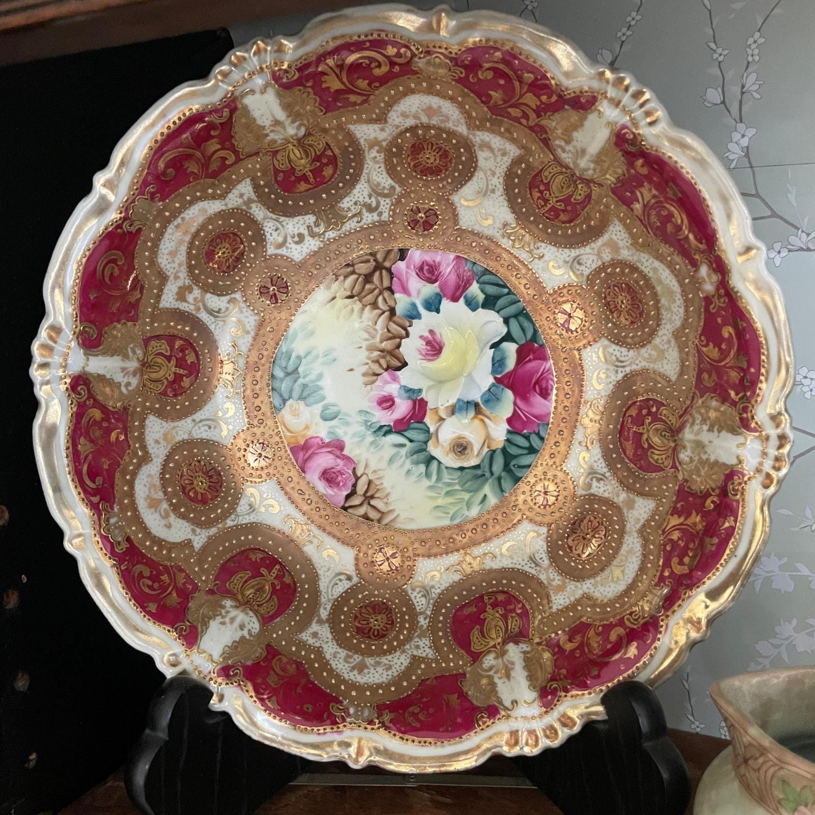 Vintage Hand-Painted Floral Porcelain Plate Gold Gilt Rim Decorative Dish Elegant Antique Style Display Plate