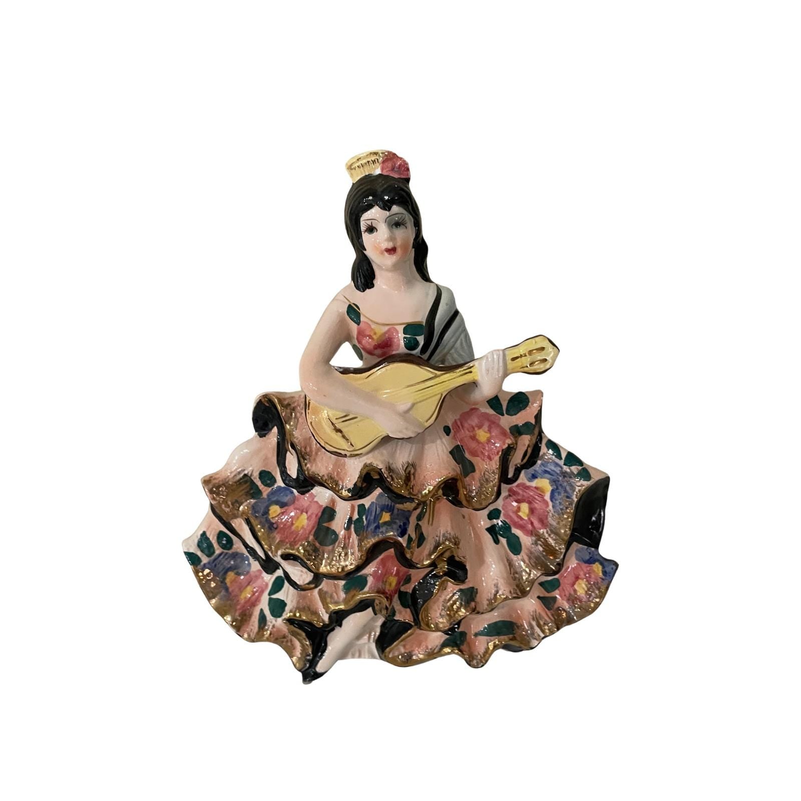 Vintage Hand-Painted Ceramic Spanish Flamenco Dancer Figurine with Guitar Colorful Floral Dress Boho, Retro Decor