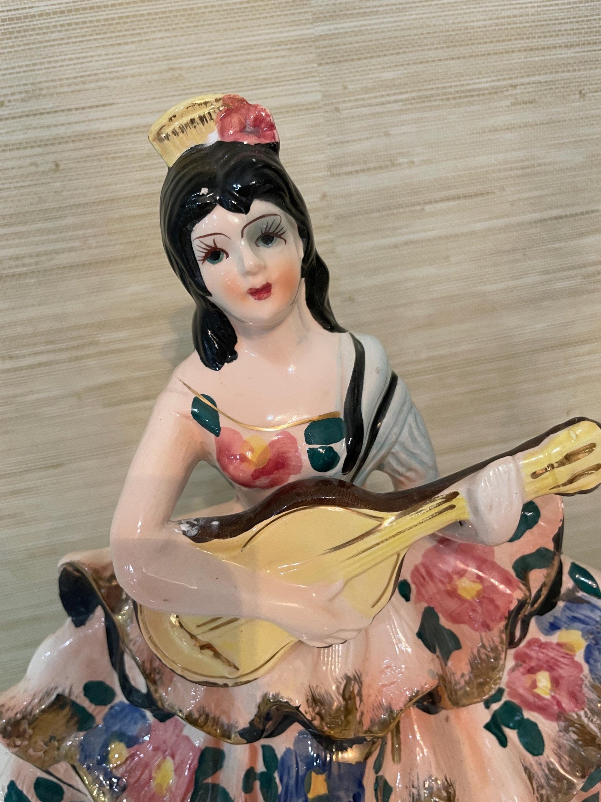 Vintage Hand-Painted Ceramic Spanish Flamenco Dancer Figurine with Guitar Colorful Floral Dress Boho, Retro Decor