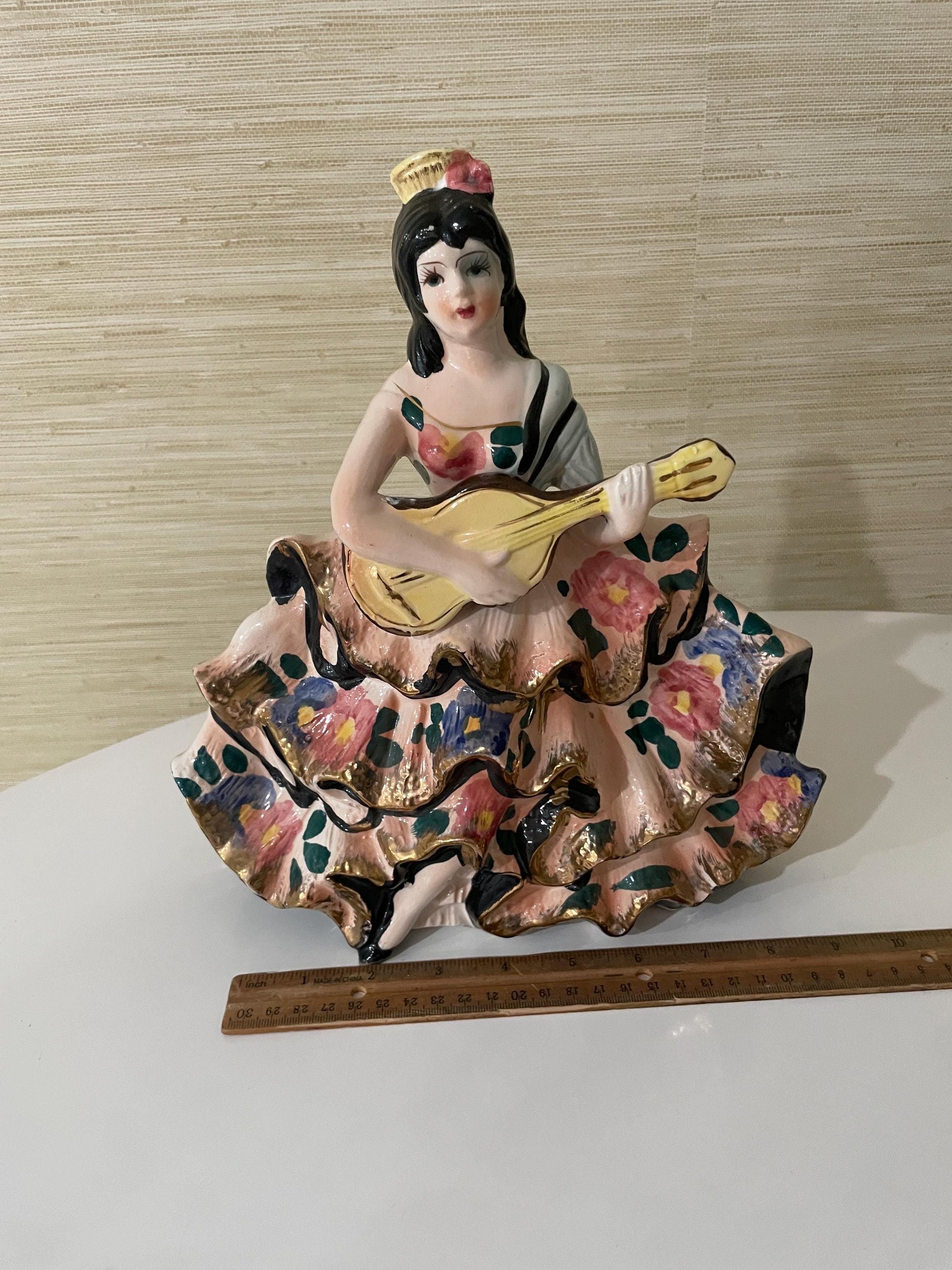 Vintage Hand-Painted Ceramic Spanish Flamenco Dancer Figurine with Guitar Colorful Floral Dress Boho, Retro Decor