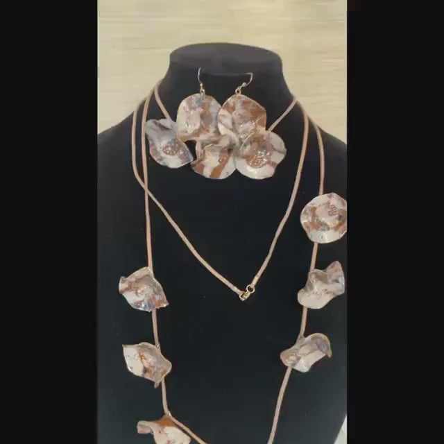 Handmade Statement Jewelry Set, Resin Accent Made Long and Shorter Necklace with Earrings. Earth Tones Organic Design, Boho Chic