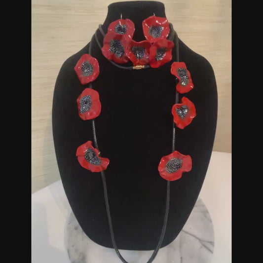 Red and Black Necklace Set Handmade Choker, Long Necklace & Earrings –Bold Red Black Flower Jewelry